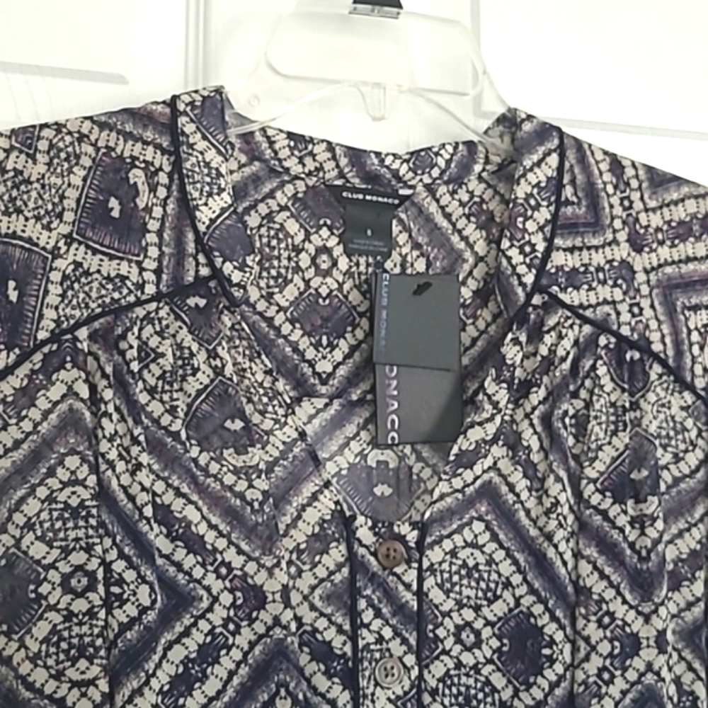 Club Monaco "Trudy Dress Robe" silk navy & white print w/ button front Sz 8